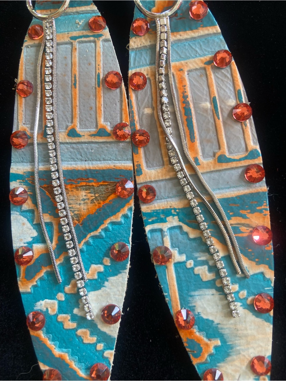 🧡🪶🩵POSH Handmade Turquoise & Orange Leather Beaded Feather-Drop Earrings - Picture 2 of 4